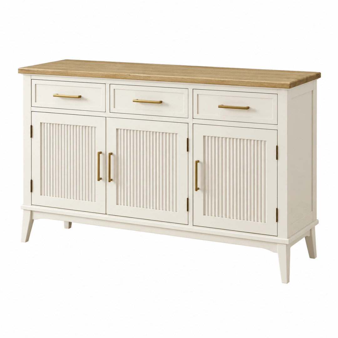 Buffet 160 x 45 x 90 cm en bois blanc naturel avec 3 portes et 3 tiroirs style classique
