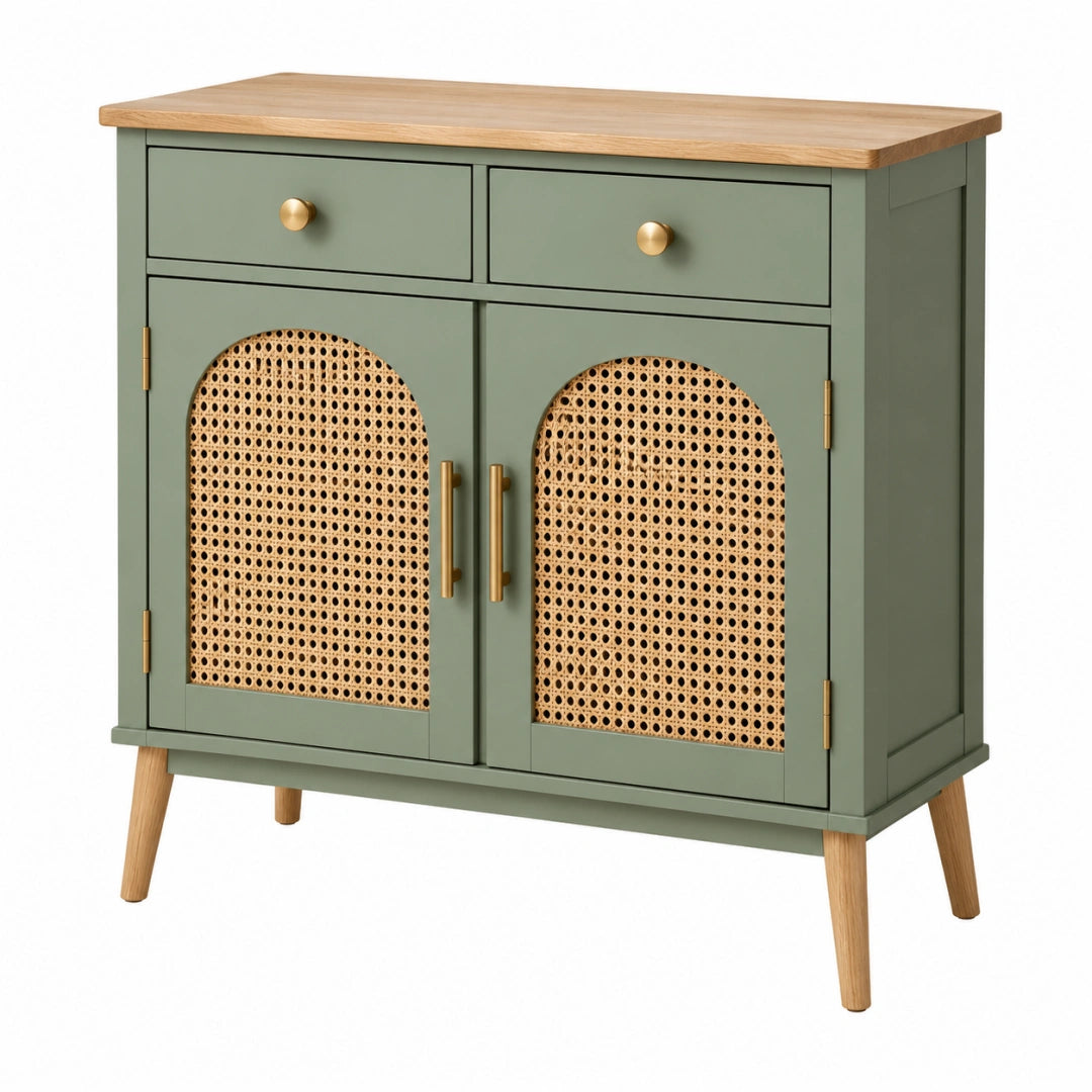 Buffet 100 x 40 x 90 cm vert sauge en bois et cannage style rétro avec rangement