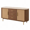 Buffet 160 x 45 x 85 cm en bois noyer beige et doré avec 3 tiroirs et 2 portes rainurées
