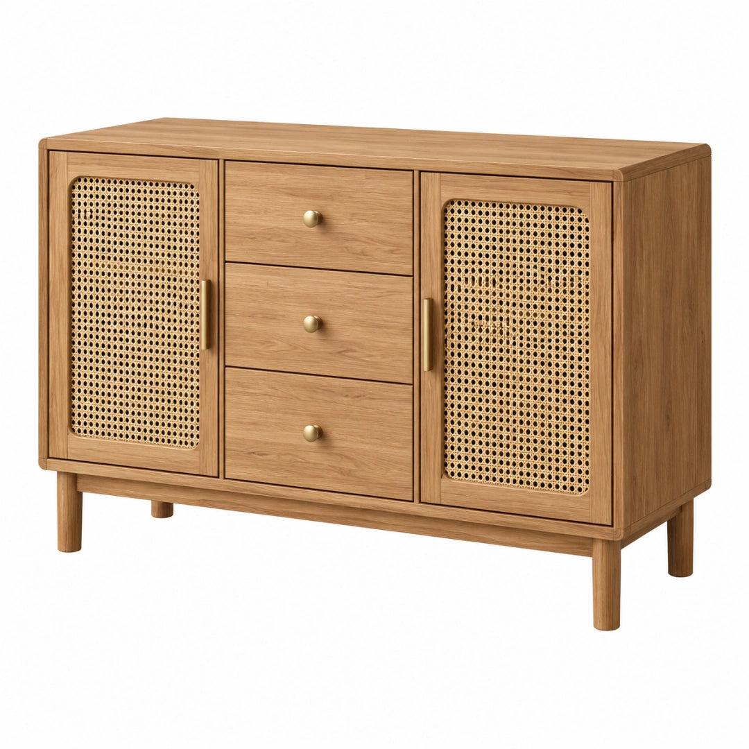 Buffet 120 x 40 x 85 cm en bois marron avec cannage 3 tiroirs 2 portes style naturel
