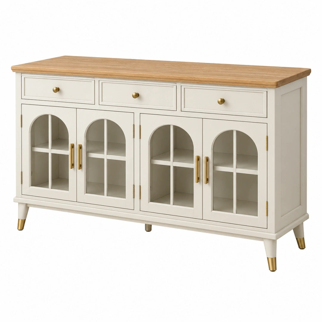 Buffet 160 x 40 x 90 cm bois verre ivoire naturel style classique avec rangement