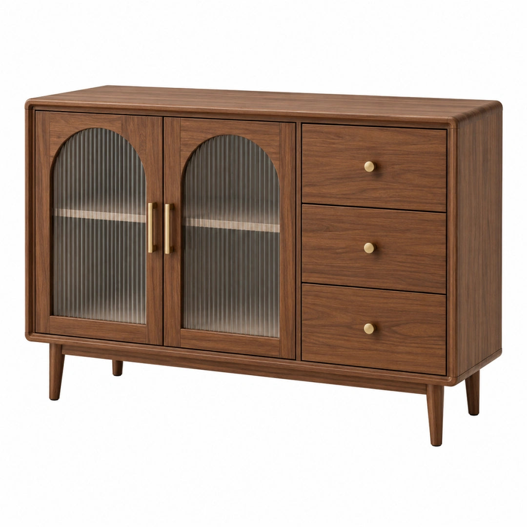 Buffet 120 x 40 x 80 cm en bois brun et verre strié avec 3 tiroirs style rétro