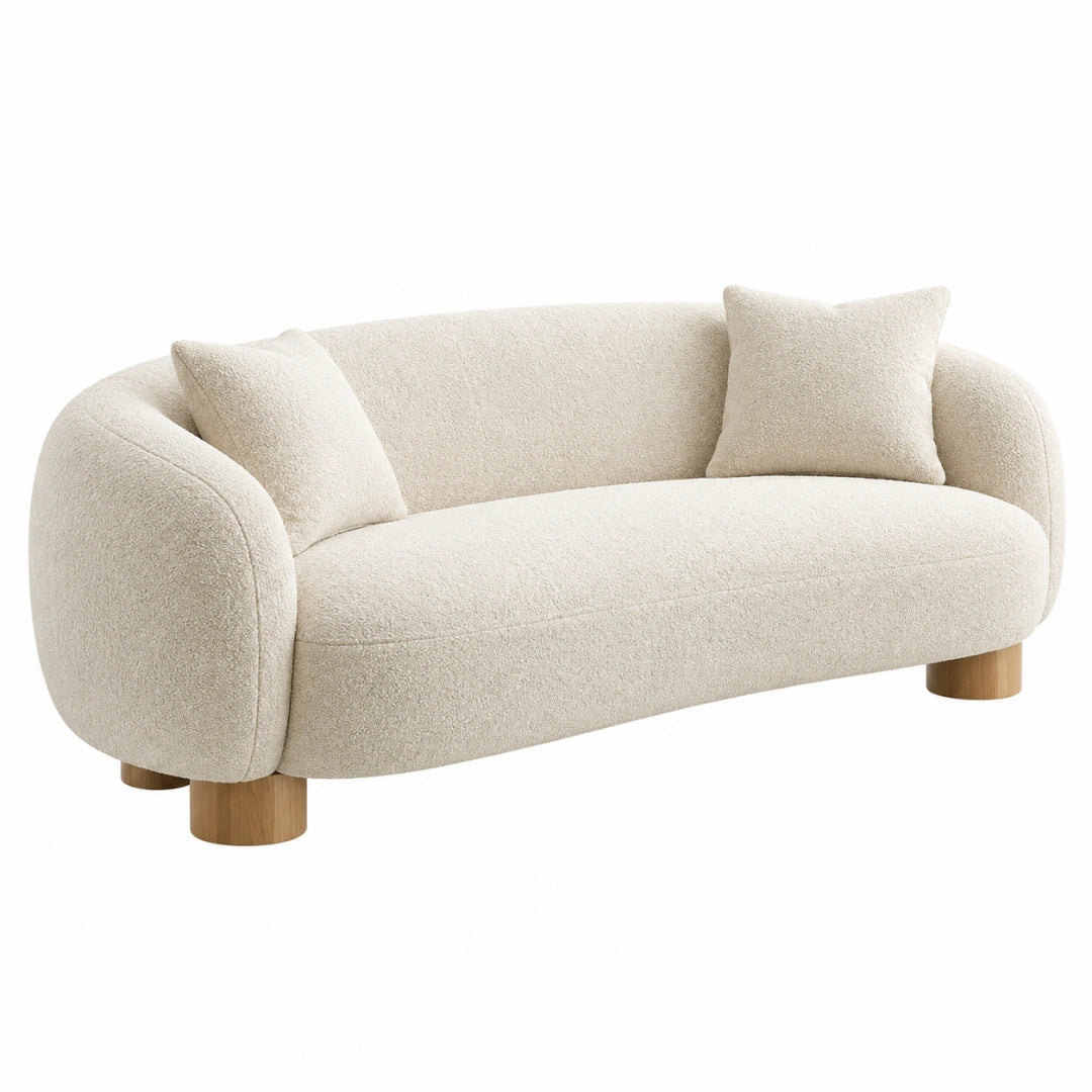 Canapé 2 places 180 x 90 x 75 cm en tissu bouclette crème avec pieds en bois - Style contemporain pour salon