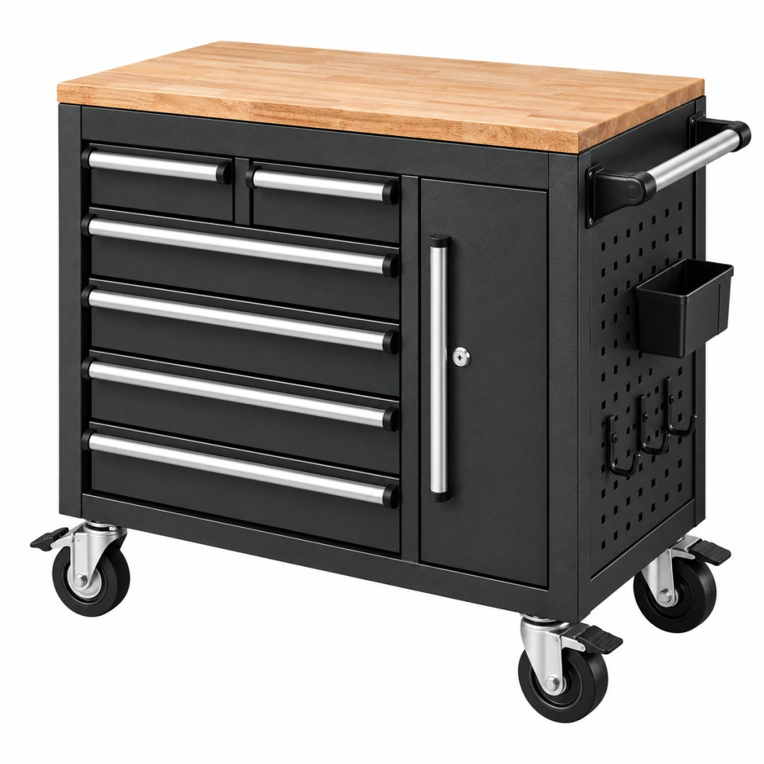 Servante d'atelier 90 x 50 x 95 cm en acier noir avec plateau en bois à roulettes