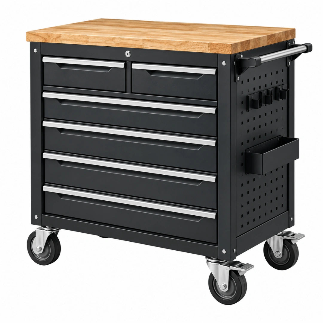 Servante d'atelier 100 x 50 x 95 cm acier noir plateau bois à roulettes 6 tiroirs
