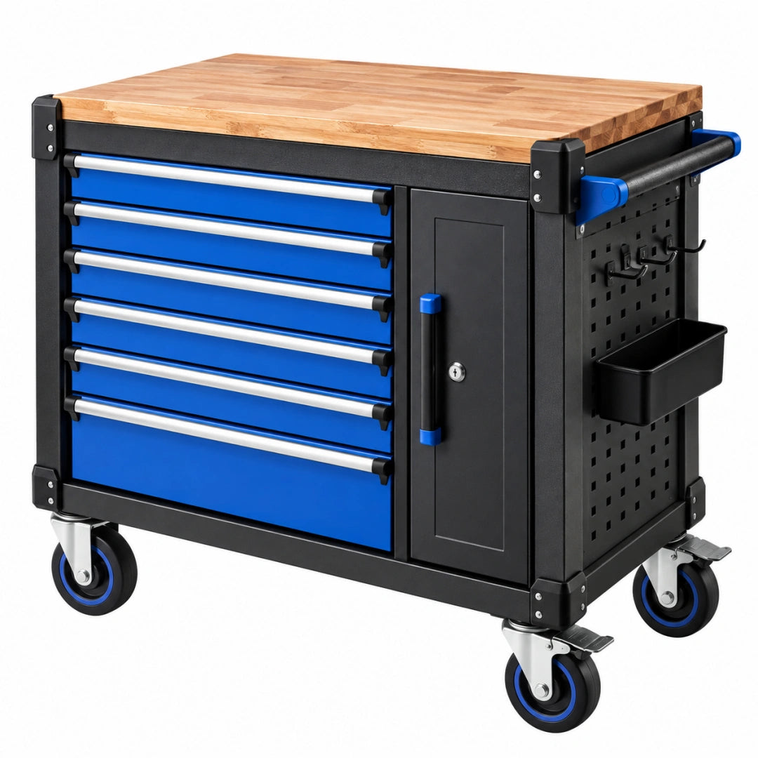 Servante d'atelier 110 x 48 x 95 cm en acier noir et bleu avec plateau en bois à roulettes