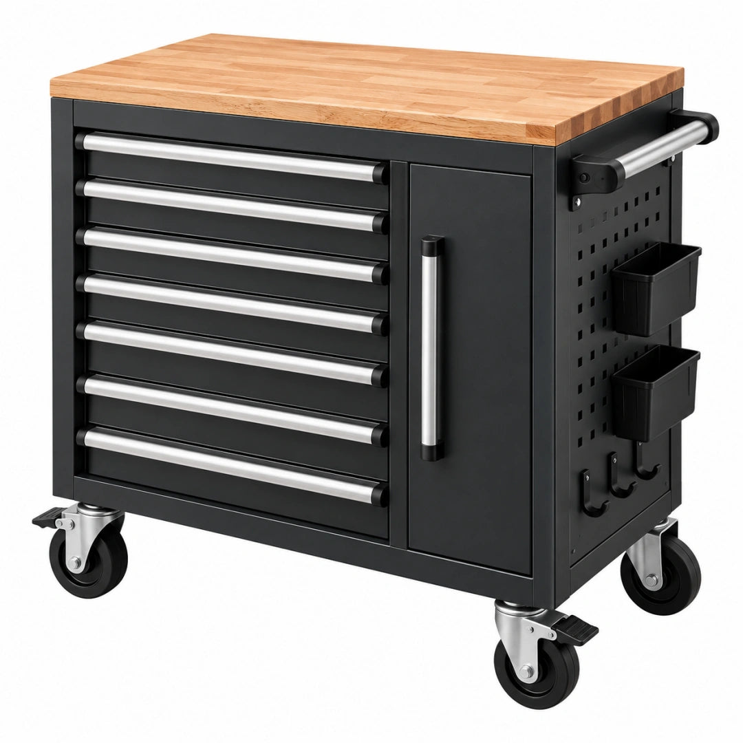Servante d'atelier 80 x 45 x 95 cm acier noir plateau en bois mobile avec tiroirs