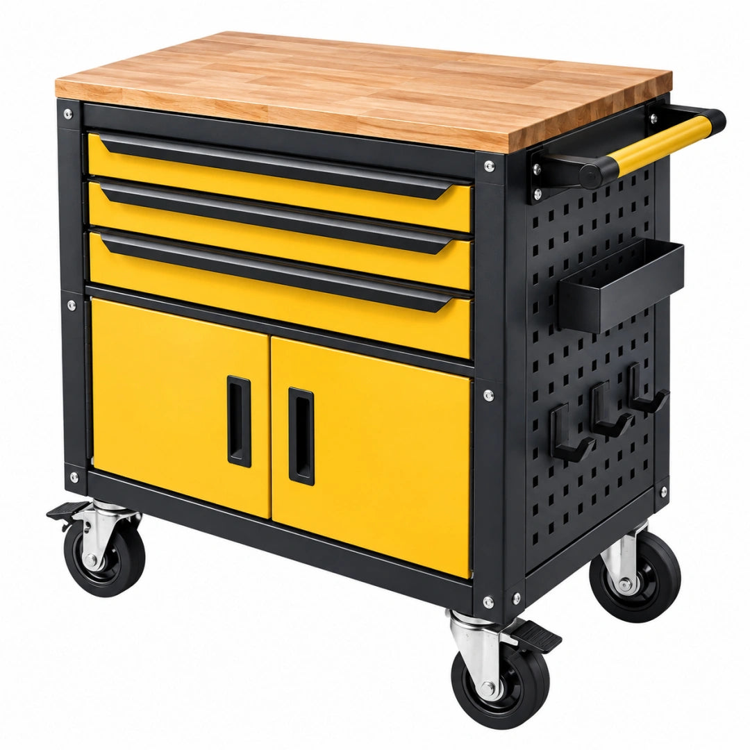 Servante d'atelier 80 x 50 x 95 cm en acier noir et jaune avec plateau en bois mobile à tiroirs