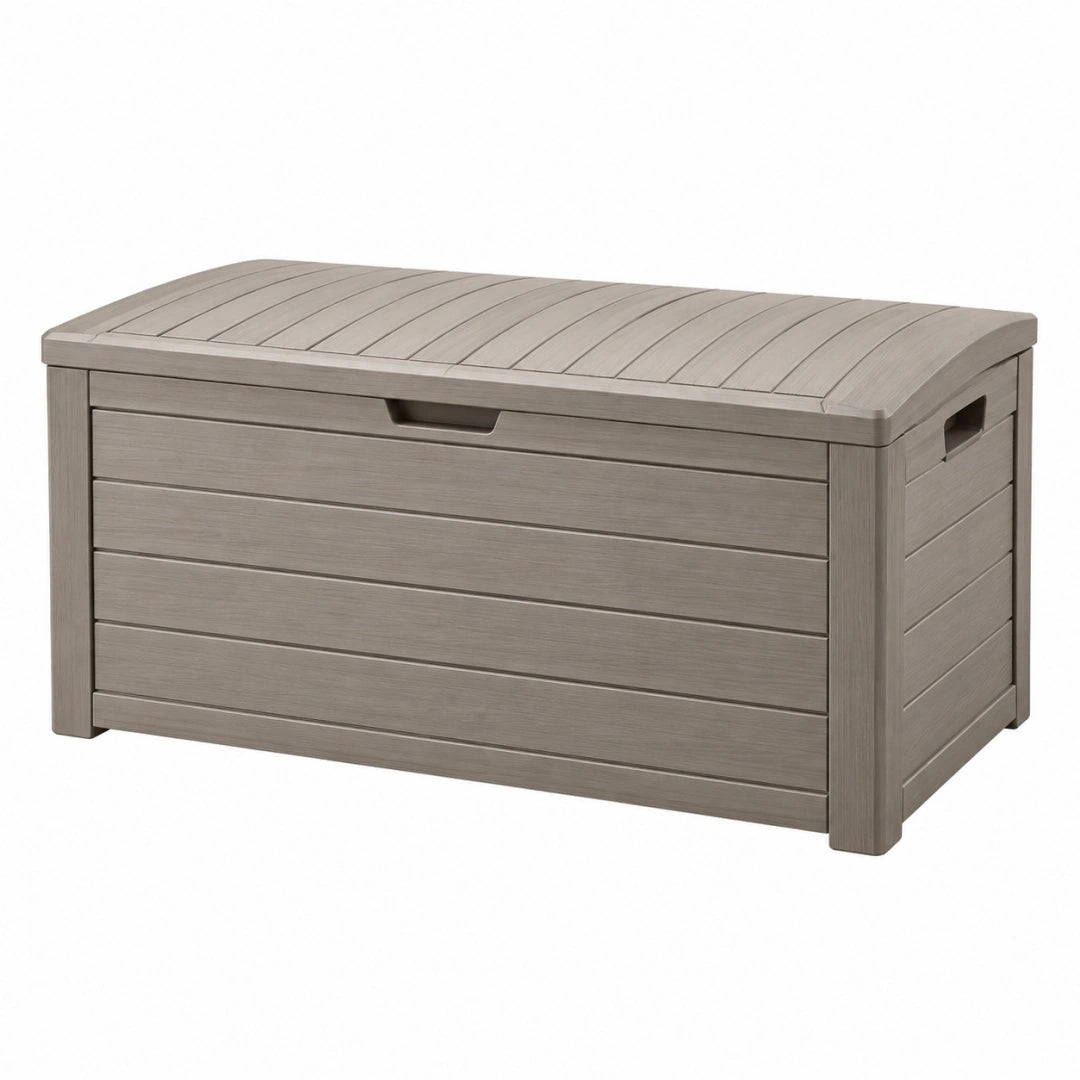 Coffre de rangement extérieur 120 x 60 x 63 cm en résine gris taupe à couvercle style contemporain
