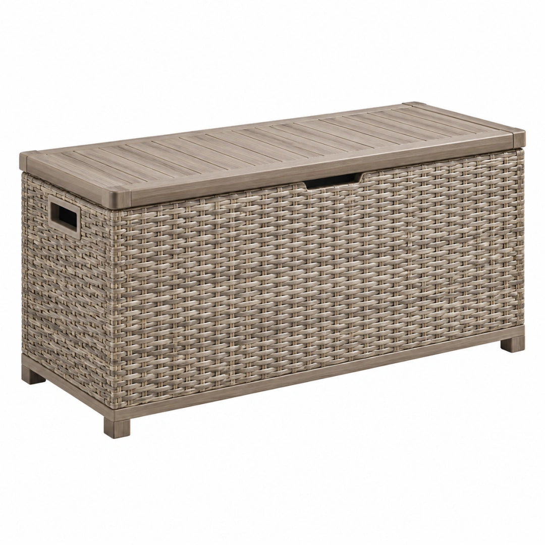 Coffre de rangement extérieur 120 x 50 x 60 cm en résine tressée taupe avec couvercle