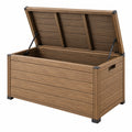 Coffre de rangement extérieur 120 x 60 x 63 cm en composite marron effet bois avec couvercle à vérins