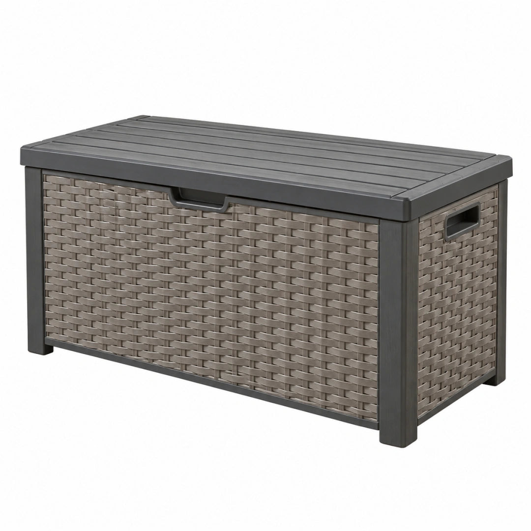 Coffre de rangement extérieur 120 x 50 x 60 cm en résine gris anthracite tressé avec couvercle