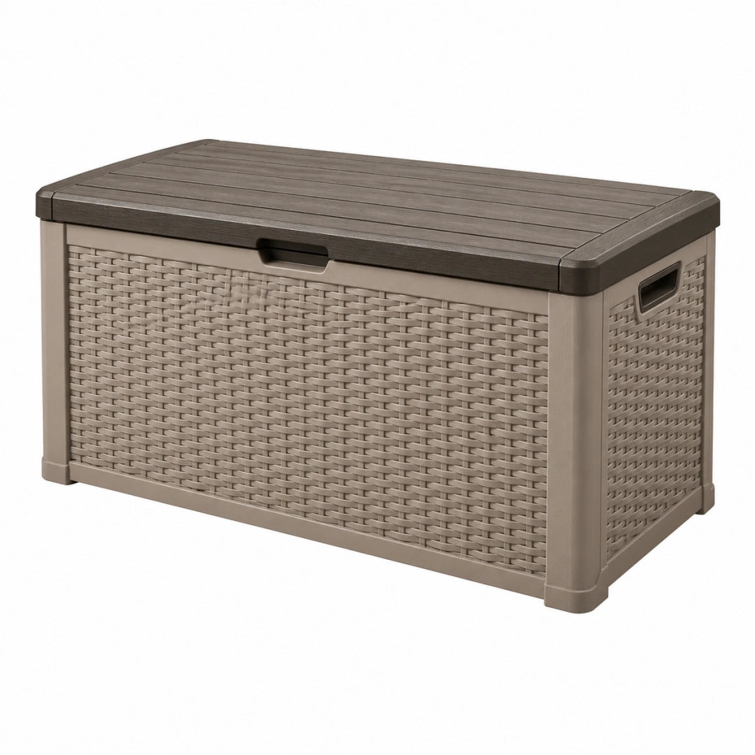 Coffre de rangement extérieur 120 x 56 x 63 cm en résine taupe tressée avec couvercle
