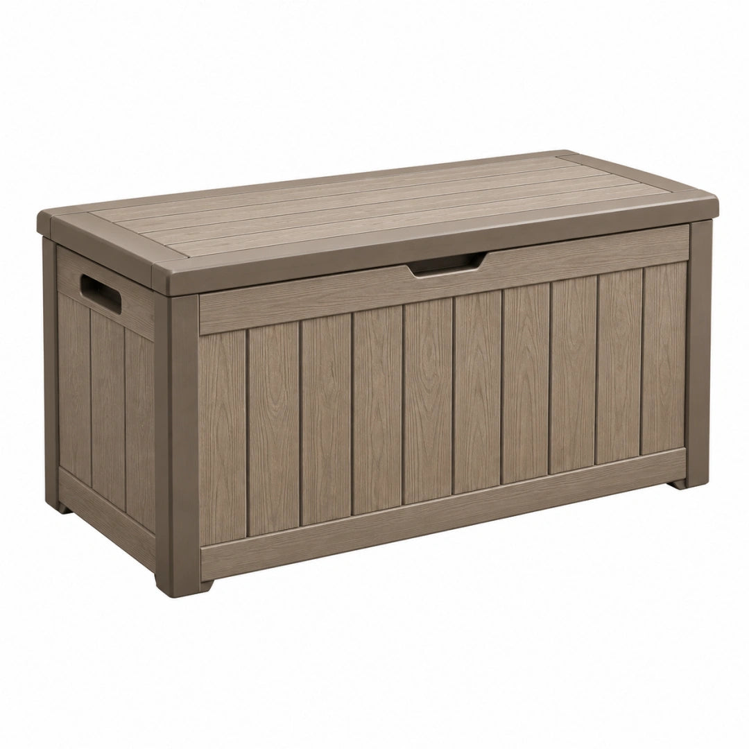 Coffre de rangement de jardin 120 x 60 x 63 cm en plastique brun effet bois avec couvercle