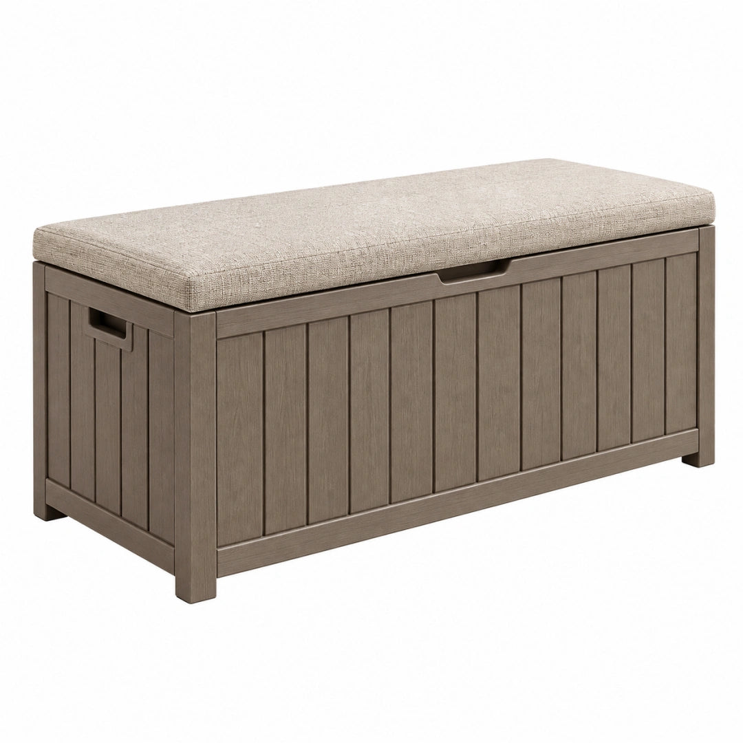 Banc coffre de rangement 120 x 45 x 48 cm en bois brun avec assise en tissu beige
