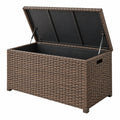 Coffre de rangement extérieur 120 x 60 x 65 cm en résine tressée marron avec couvercle à vérins