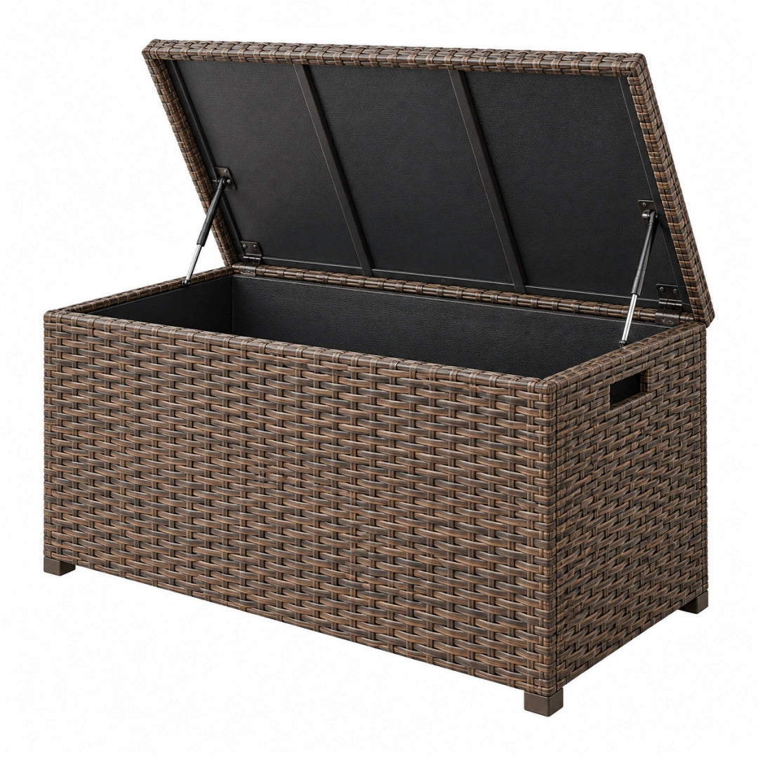 Coffre de rangement extérieur 120 x 60 x 65 cm en résine tressée marron avec couvercle à vérins