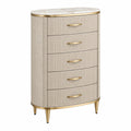 Commode 80 x 42 x 120 cm en panneaux de bois beige et doré à 5 tiroirs style contemporain