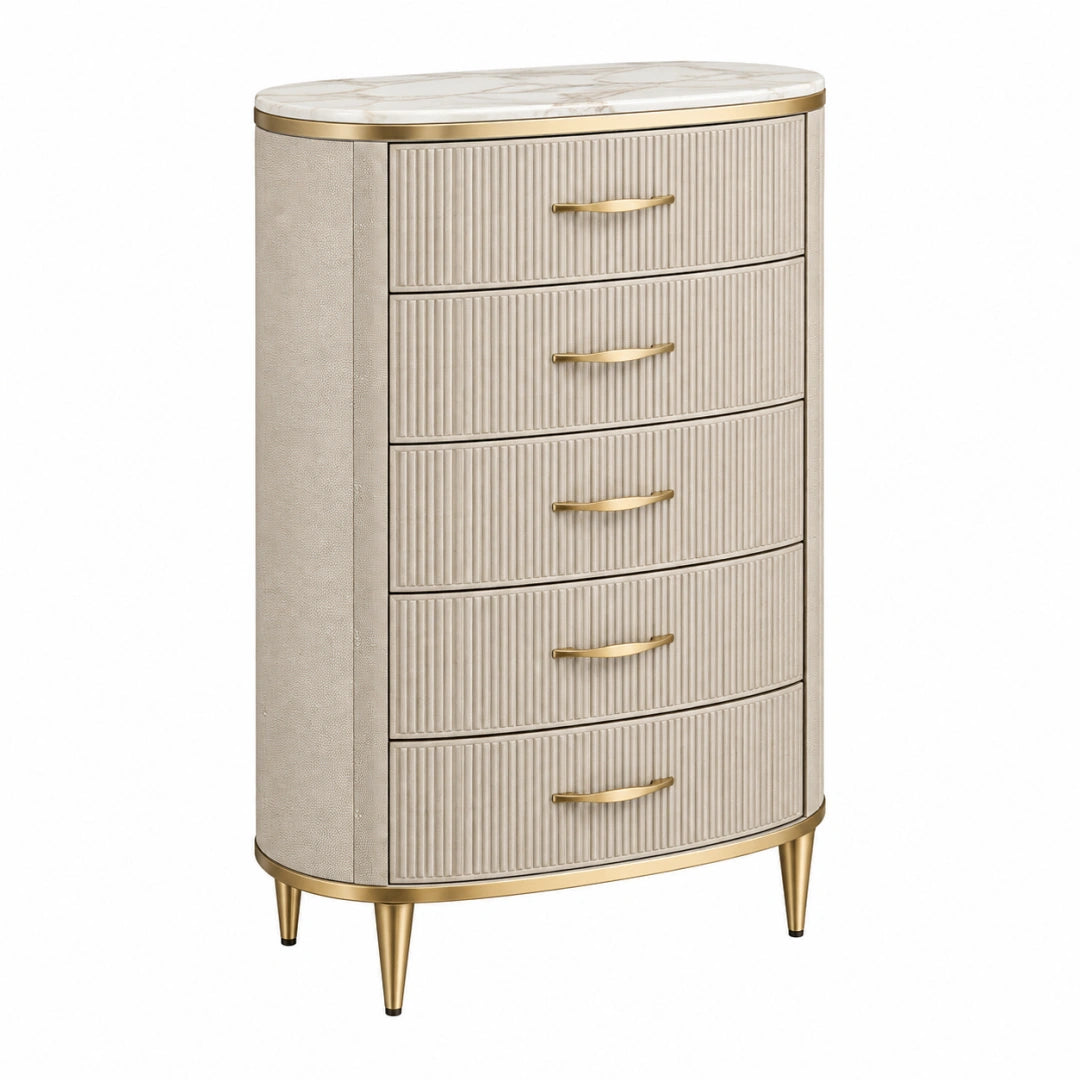 Commode 80 x 42 x 120 cm en panneaux de bois beige et doré à 5 tiroirs style contemporain