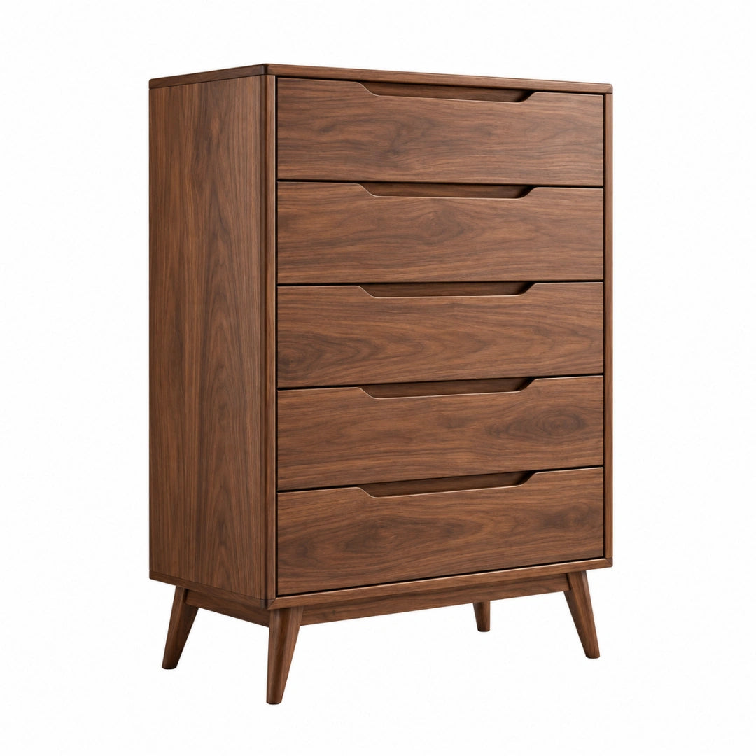 Commode 80 x 45 x 120 cm en bois brun foncé à 5 tiroirs style moderne