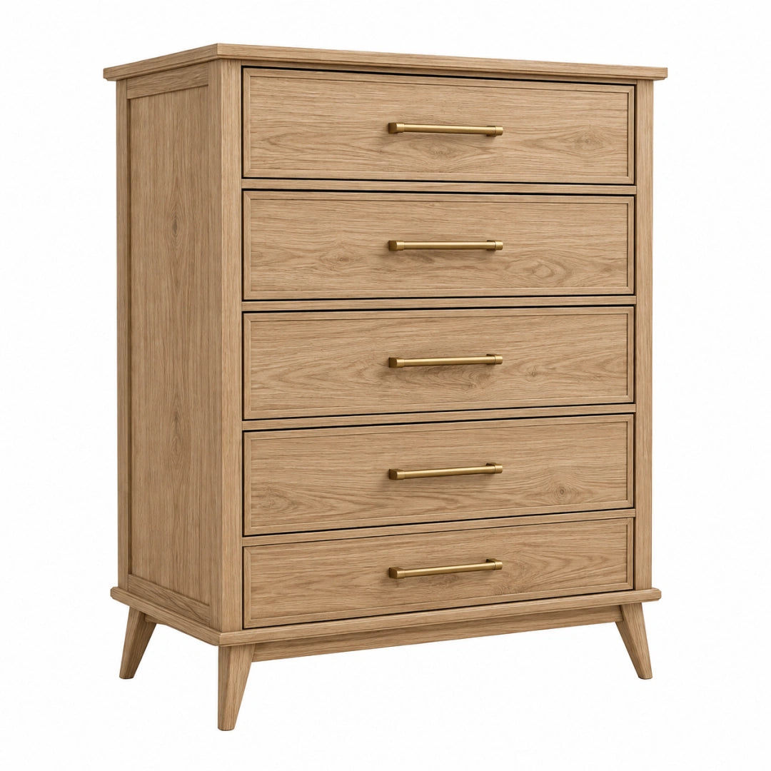 Commode 90 x 45 x 120 cm en bois chêne clair à 5 tiroirs style scandinave