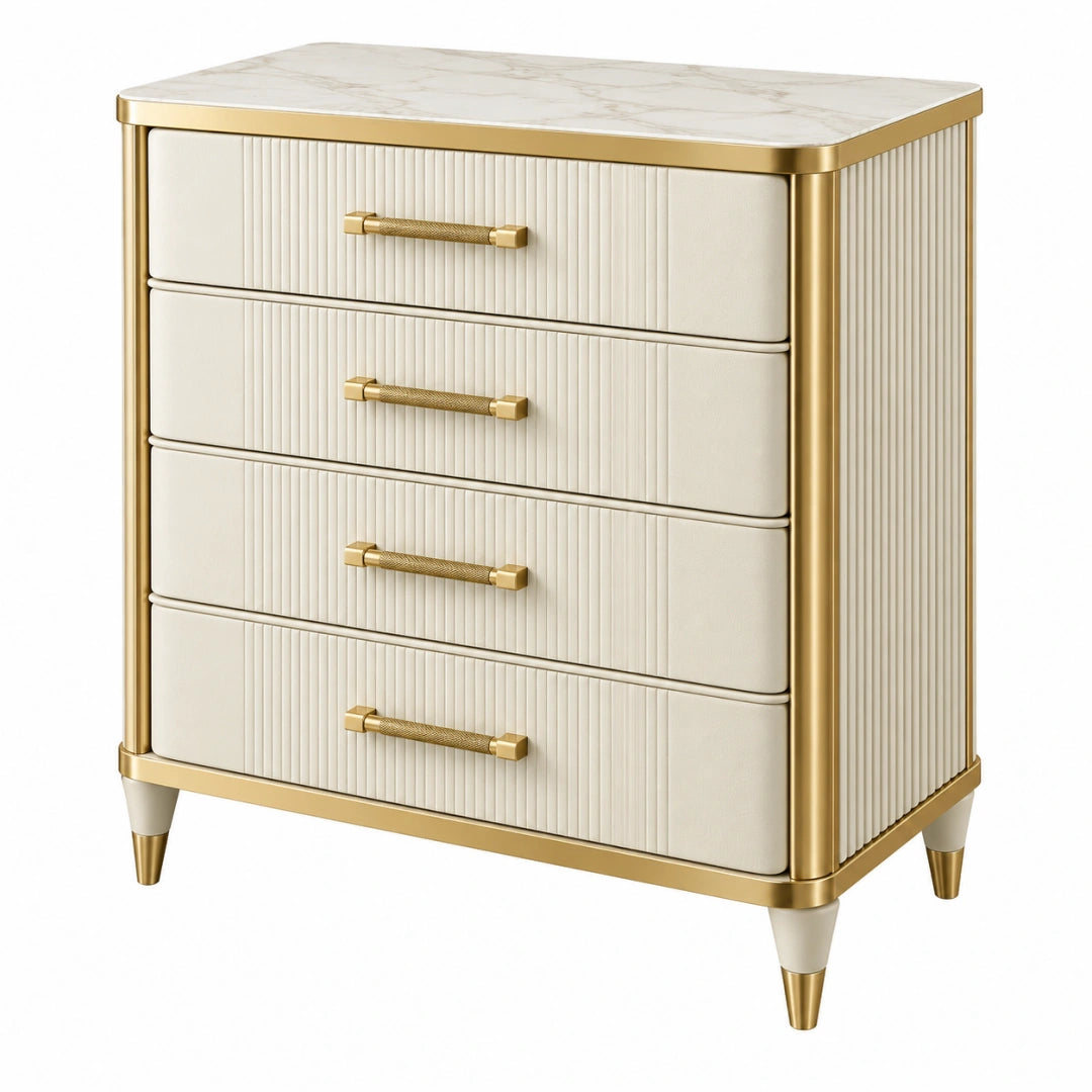 Commode 90 x 45 x 105 cm en bois crème et métal doré à 4 tiroirs style contemporain
