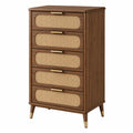 Commode 80 x 40 x 110 cm en bois brun et cannage naturel style vintage à 5 tiroirs