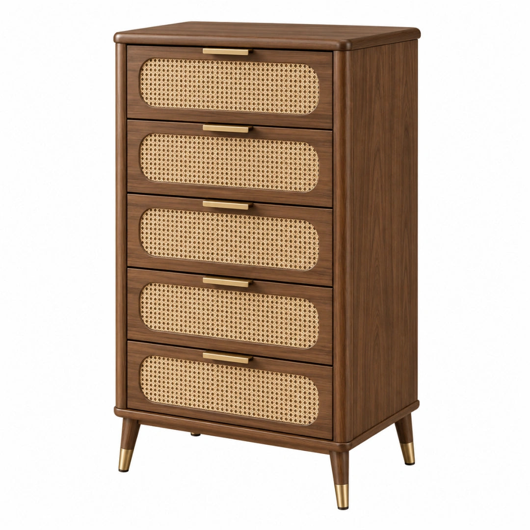 Commode 80 x 40 x 110 cm en bois brun et cannage naturel style vintage à 5 tiroirs