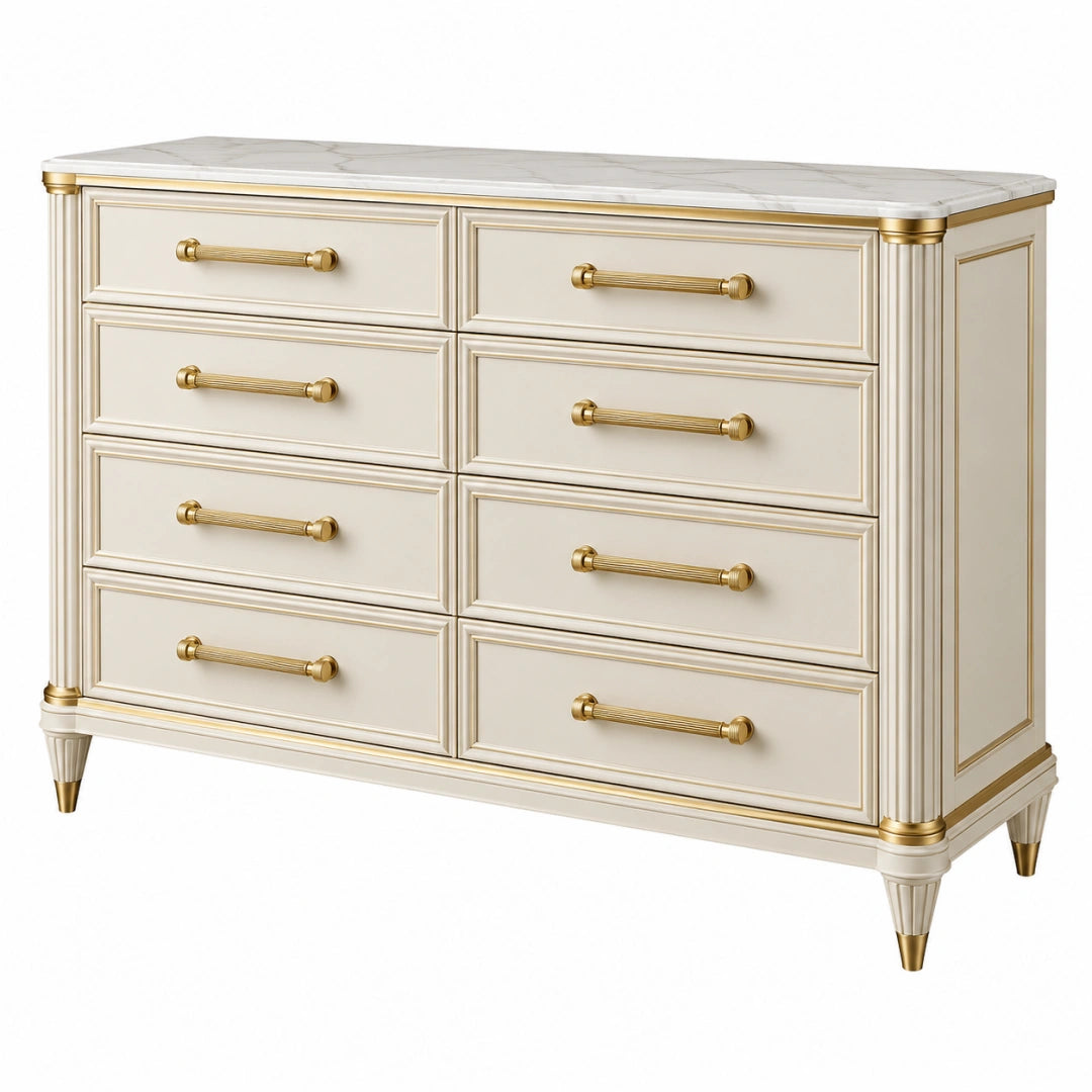 Commode 160 x 45 x 90 cm blanc et doré avec 8 tiroirs style classique
