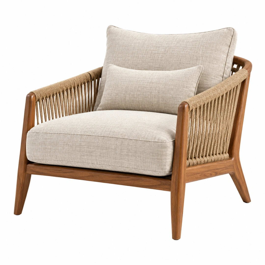 Fauteuil 75 x 80 x 85 cm en bois brun et corde tressée avec assise en tissu beige style naturel