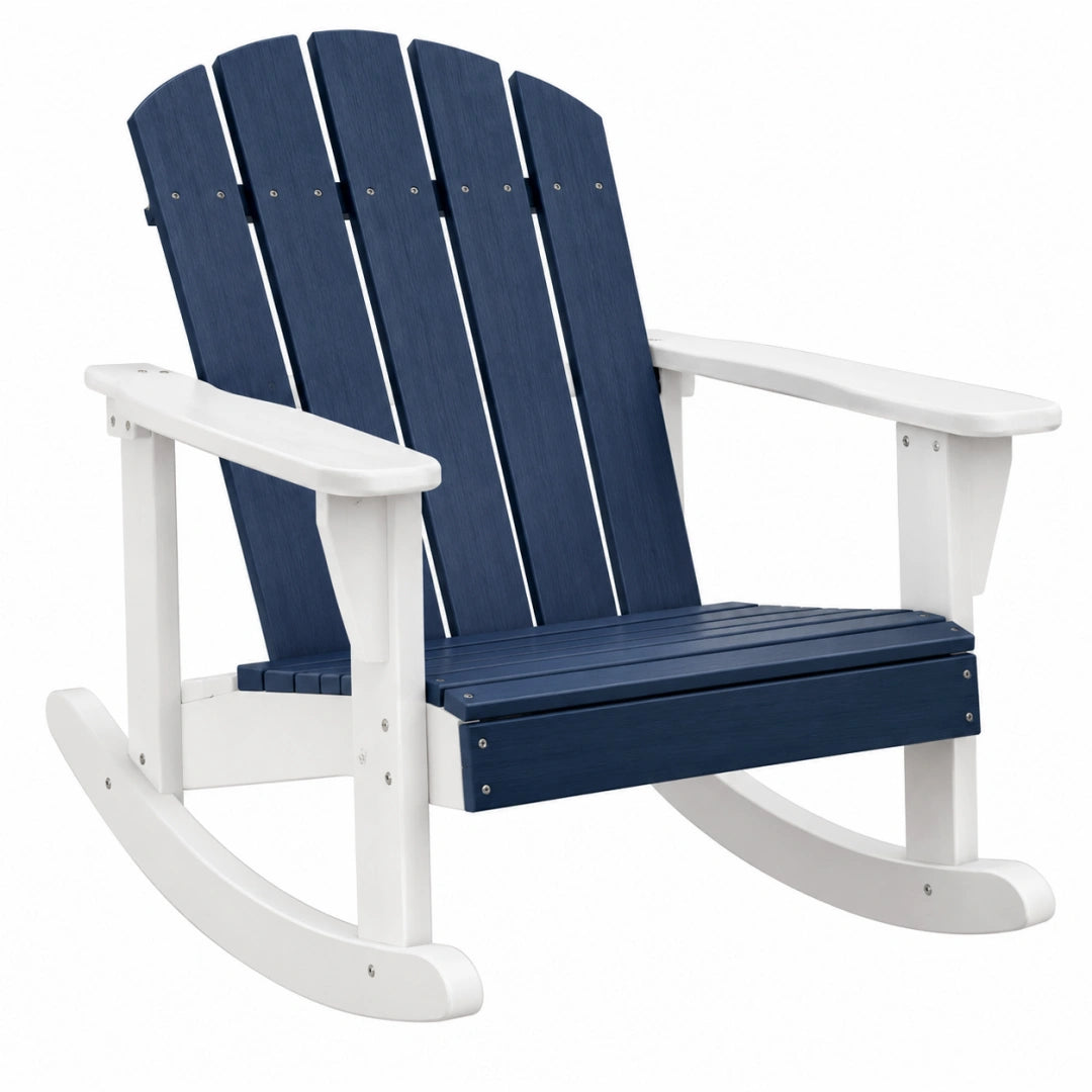 Fauteuil à bascule Adirondack 96 x 76 x 104 cm en plastique bleu marine et blanc pour extérieur