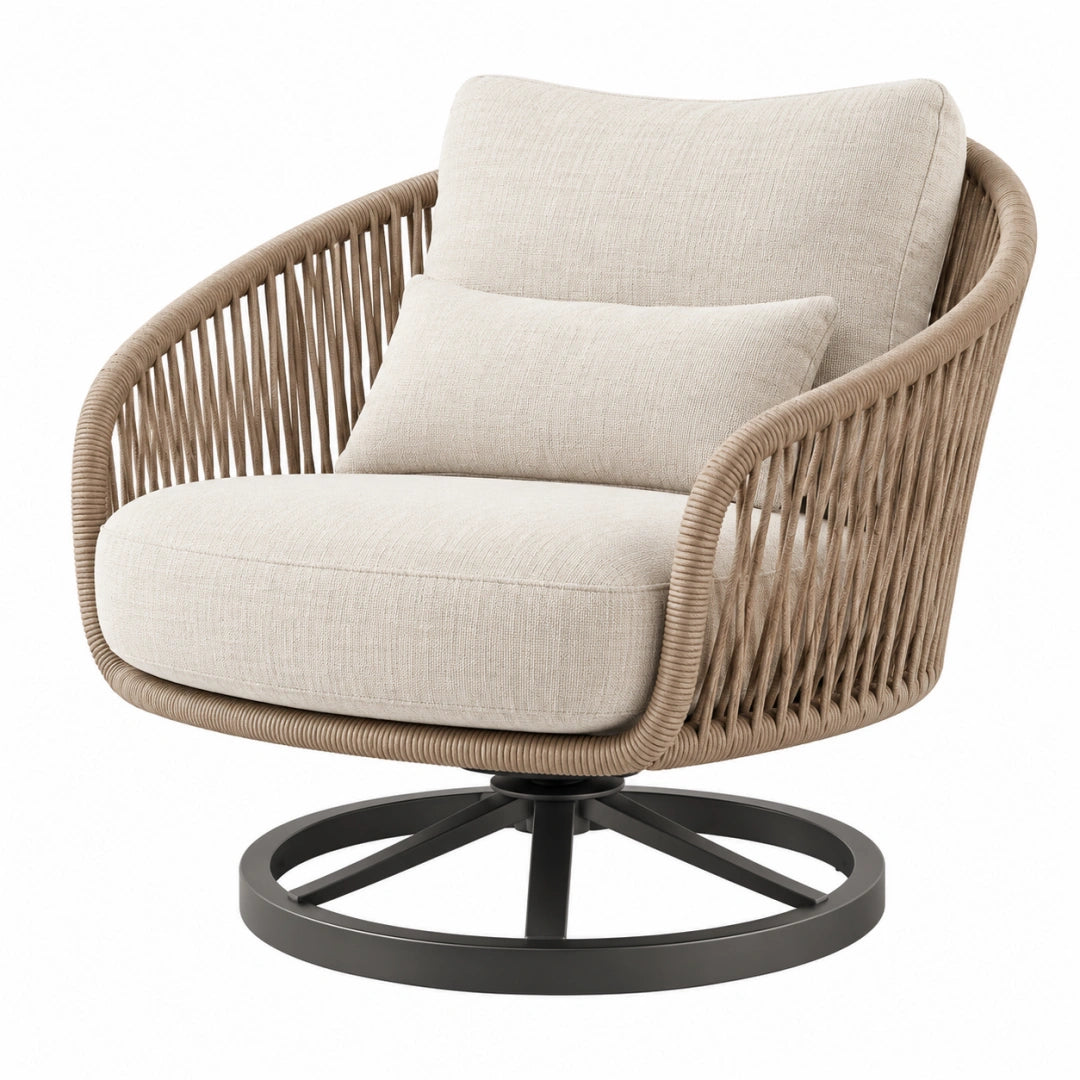 Fauteuil de jardin pivotant 85 x 85 x 85 cm en corde tressée beige avec base métallique noire