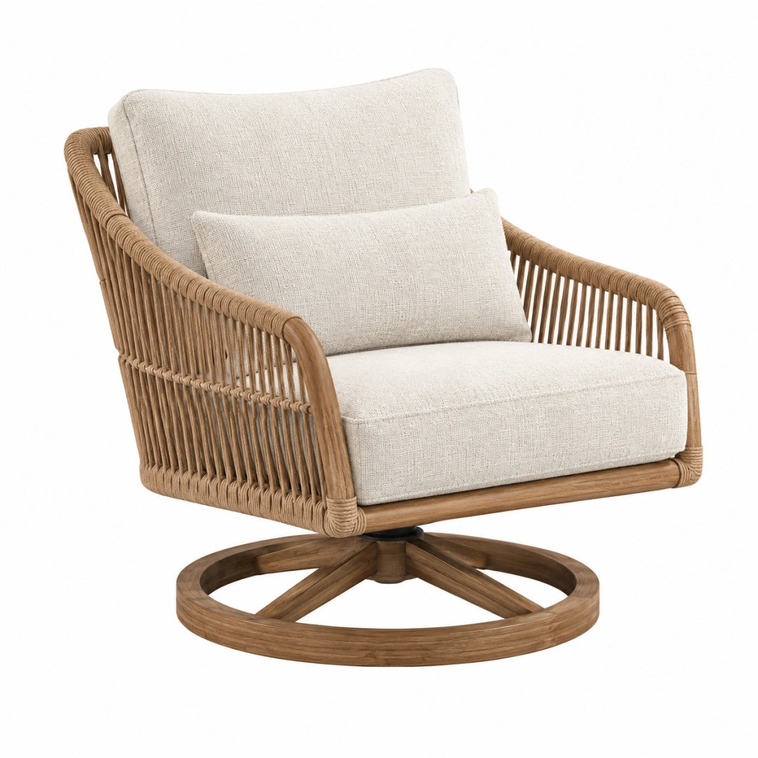 Fauteuil pivotant 78 x 82 x 88 cm en rotin brun et tissu écru style naturel