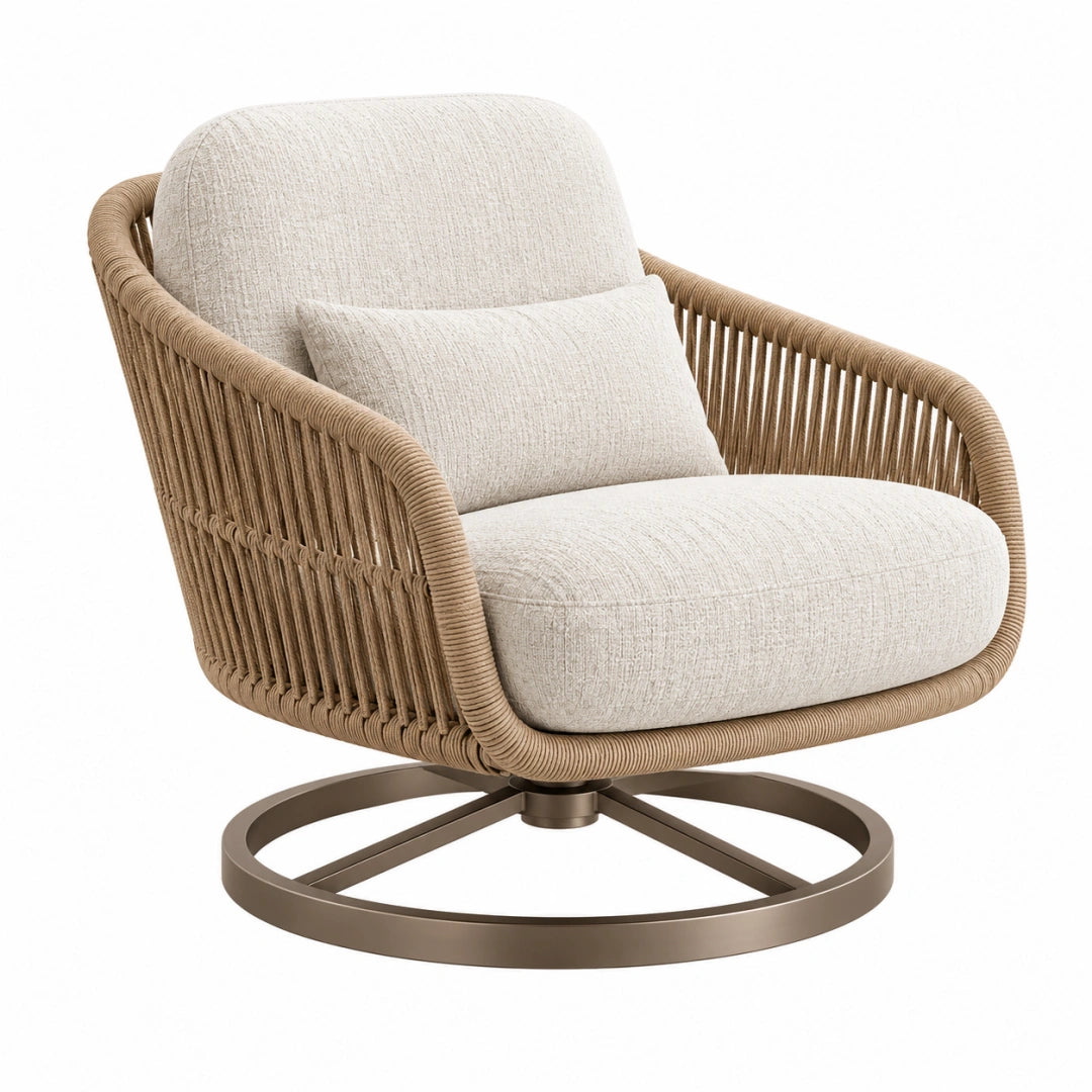 Fauteuil pivotant 85 x 85 x 85 cm beige et brun en métal et cordage style contemporain