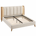 Lit double 160 x 200 cm en bois et tissu beige avec tête de lit capitonnée éclairée
