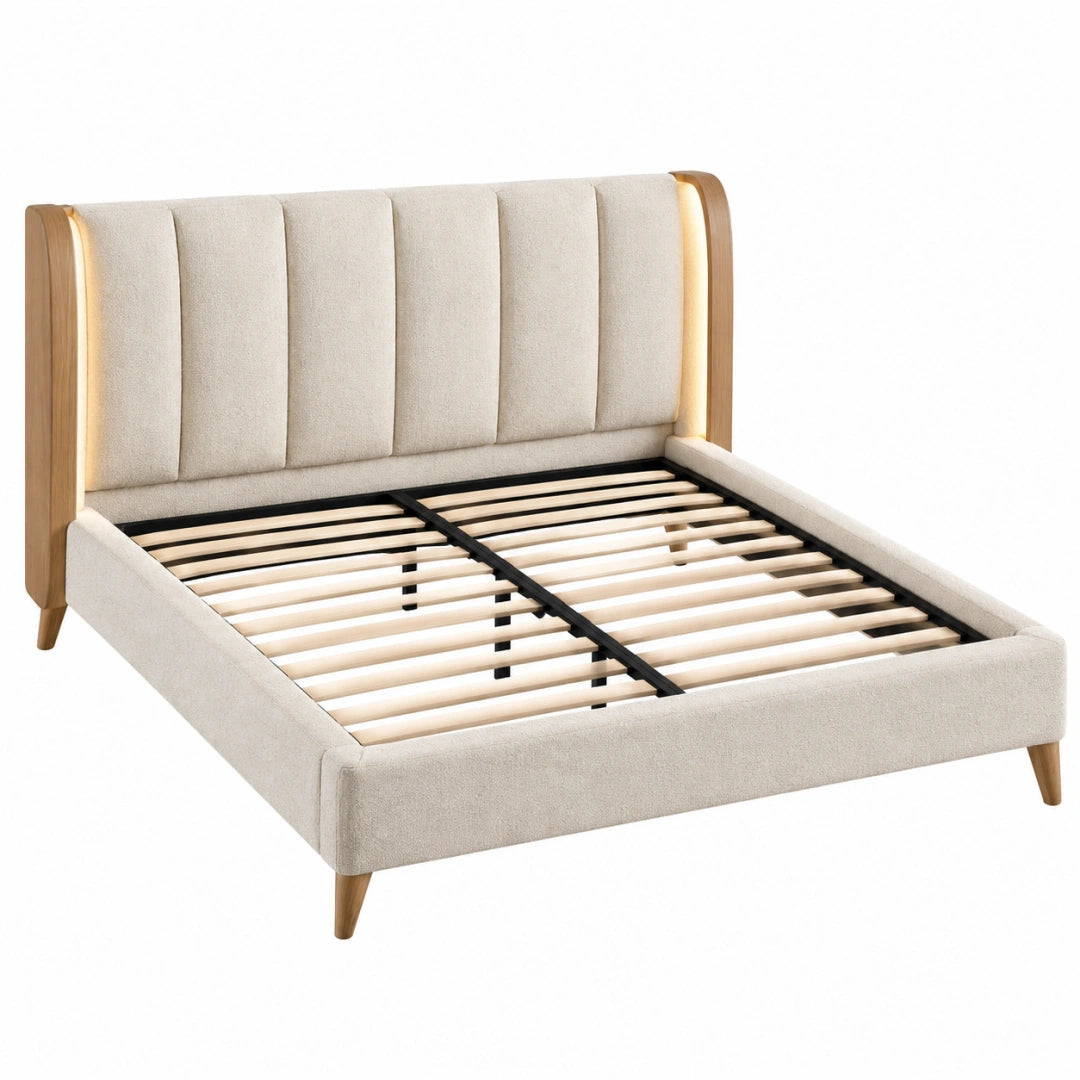 Lit double 160 x 200 cm en bois et tissu beige avec tête de lit capitonnée éclairée