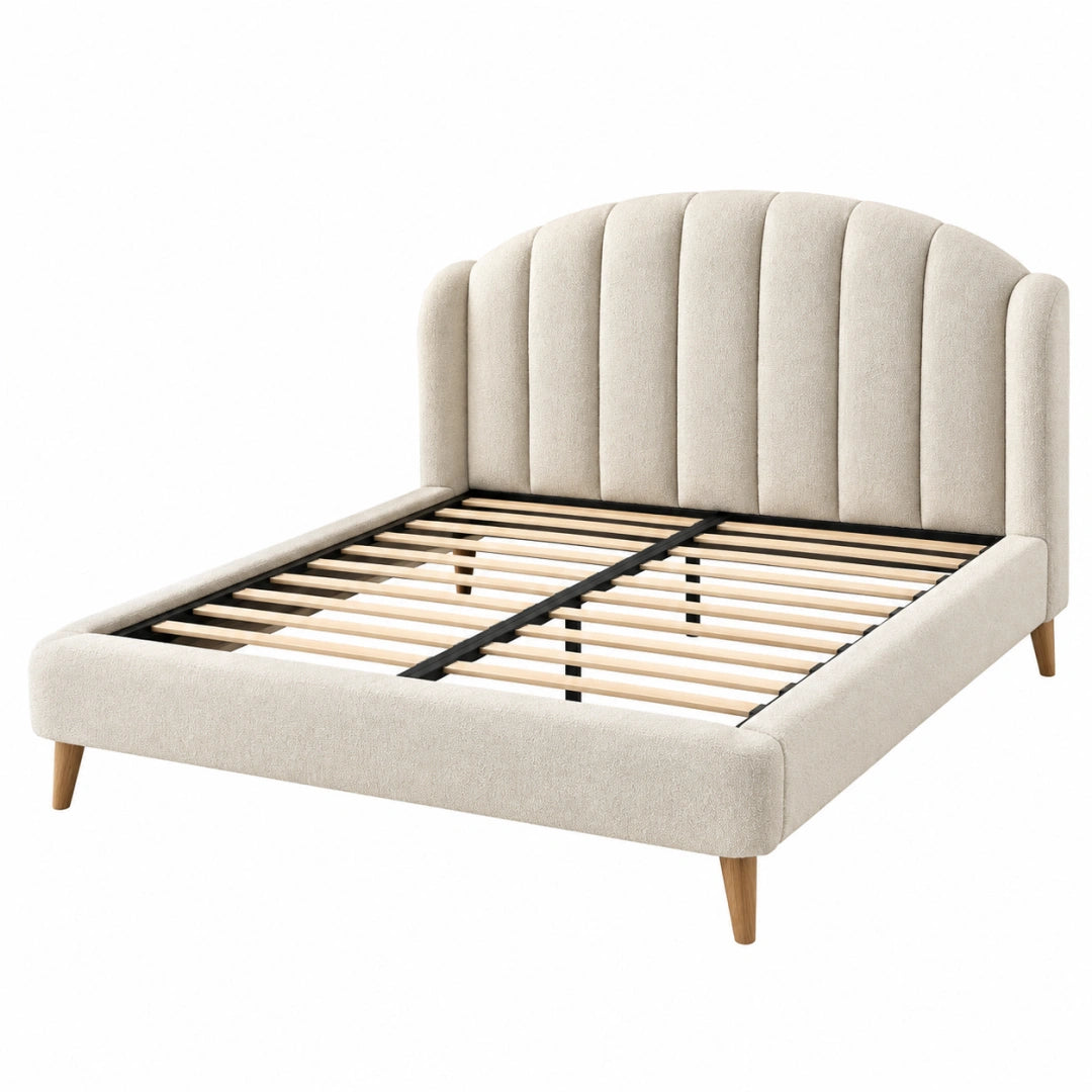 Lit 160 x 200 cm en tissu beige avec tête de lit capitonnée et sommier à lattes
