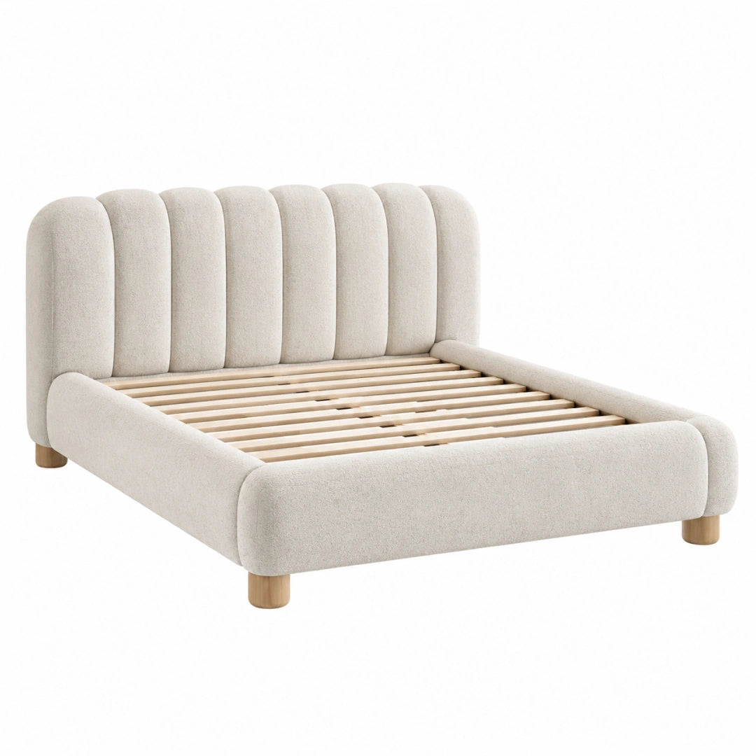 Lit double 160 x 200 cm en tissu crème avec sommier à lattes style contemporain