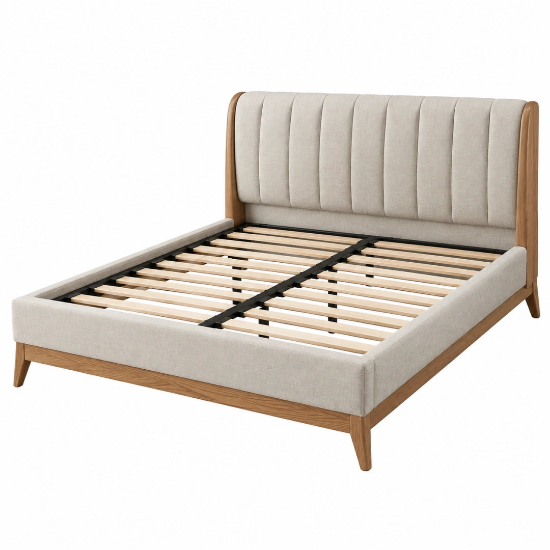 Lit double 160 x 200 cm en tissu beige et bois avec sommier à lattes style contemporain