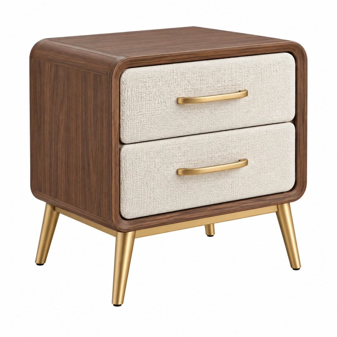 Table de chevet 50 x 40 x 55 cm en bois brun et tissu beige à 2 tiroirs style moderne