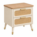 Table de chevet 45 x 40 x 55 cm en bois blanc et cannage à 2 tiroirs style rétro