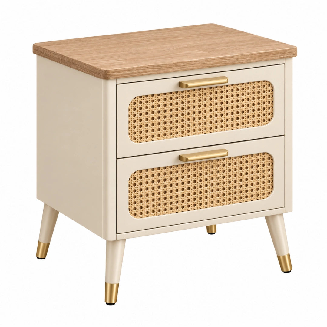 Table de chevet 45 x 40 x 55 cm en bois blanc et cannage à 2 tiroirs style rétro