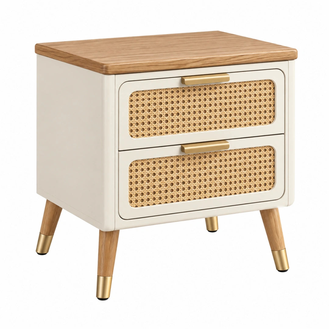Table de chevet 45 x 40 x 55 cm en bois beige et naturel avec 2 tiroirs style rétro