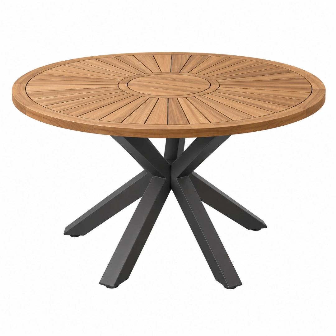 Table de jardin ronde 120 cm bois brun et métal noir style contemporain