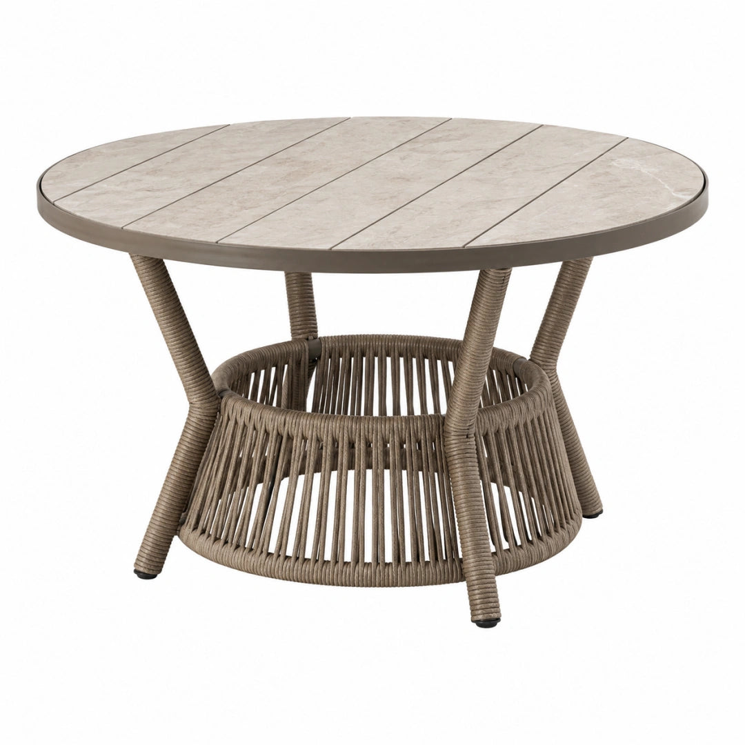 Table de jardin ronde 120 cm en résine tressée taupe avec plateau effet pierre