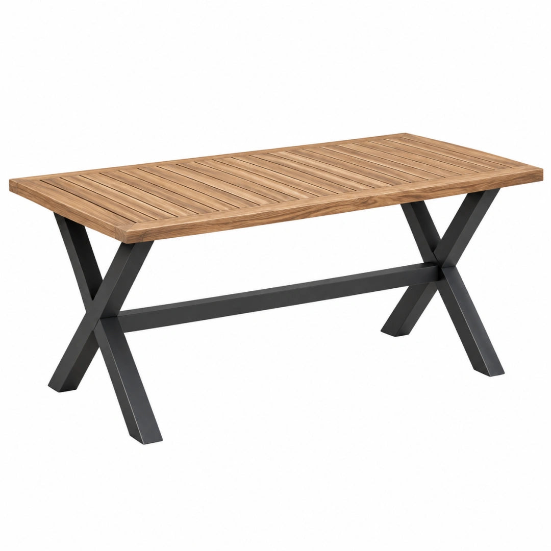 Table de jardin 180 cm en bois marron et métal noir style industriel