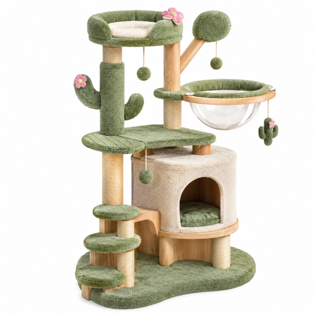 Arbre à chat 80 x 60 x 150 cm en bois et peluche vert cactus avec griffoirs et niches