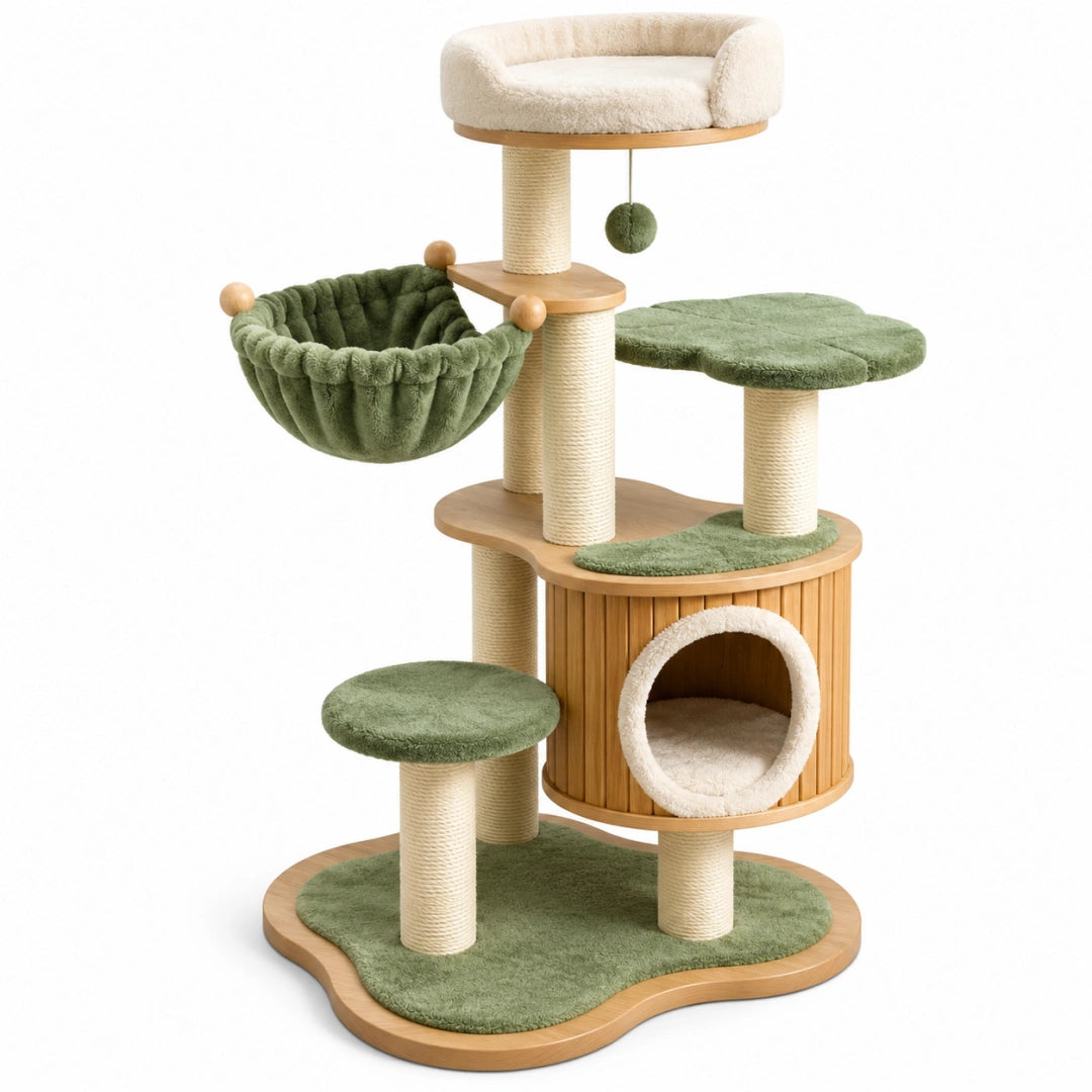 Arbre à chat 60 x 60 x 150 cm en bois beige et vert avec griffoirs en sisal et plateformes