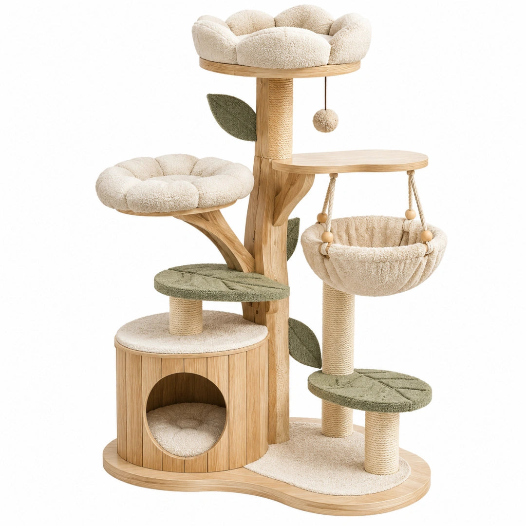 Arbre à chat 80 x 50 x 150 cm en bois beige et vert avec plateformes griffoirs et hamac