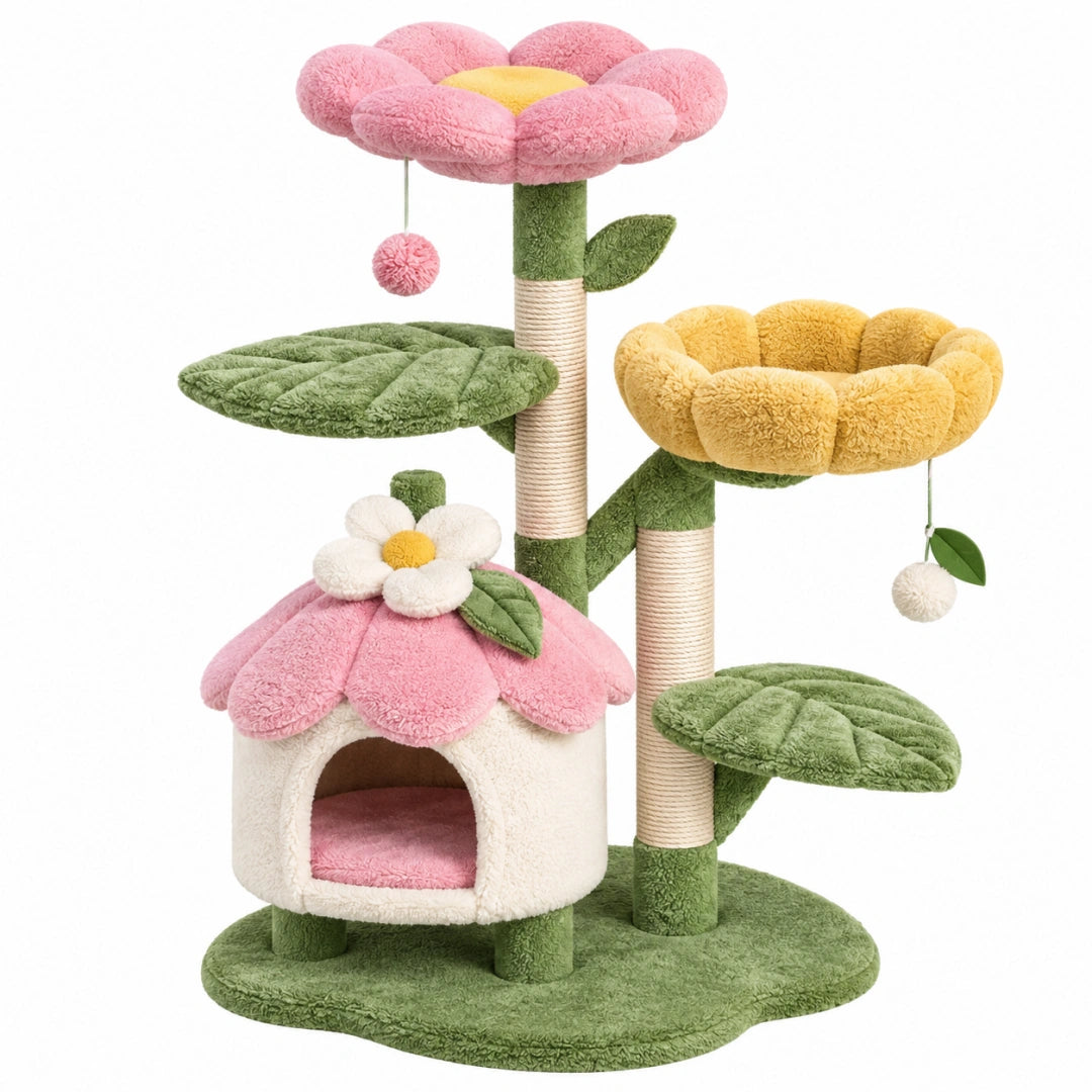 Arbre à chat 80 x 60 x 120 cm en sisal et tissu peluche rose vert jaune avec niches et plateformes